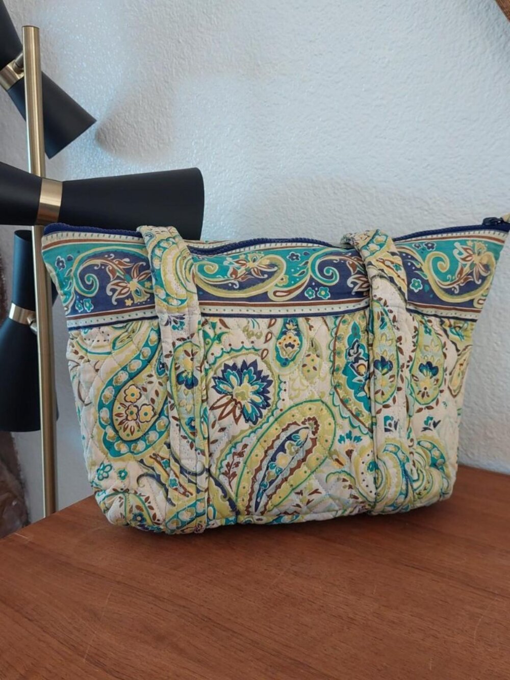 Quilted paisley tote bag with blue, green, and brown floral and paisley design #